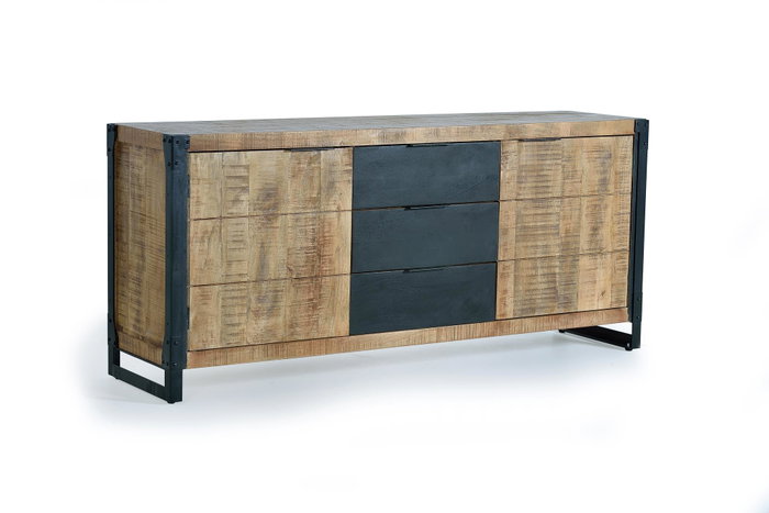GINER Y COLOMER - Buffet 2 portes et tiroir en bois d'acacia et de manguier avec finition naturelle et métal noir - 80x180x45 cm